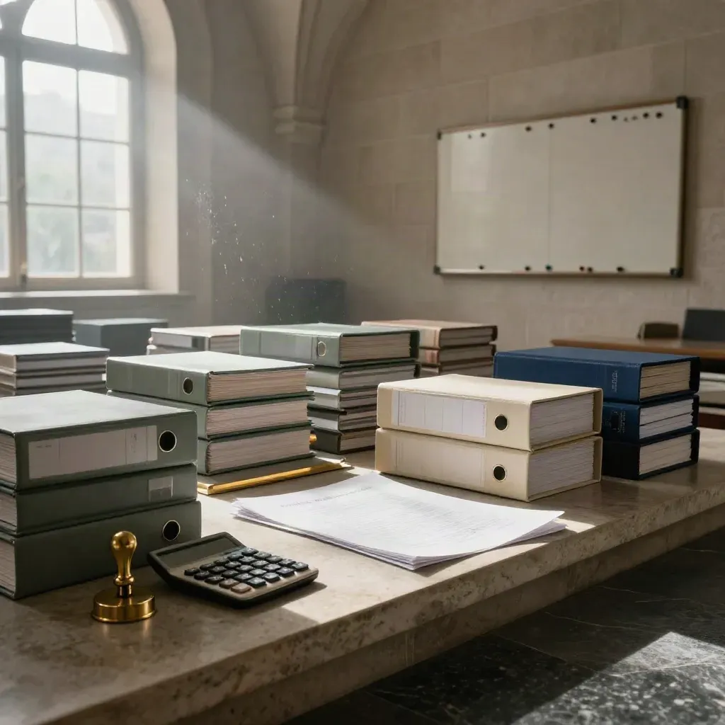 Empty funding advisory office with binders, seal press, calculator and pinboard in moody rainlight