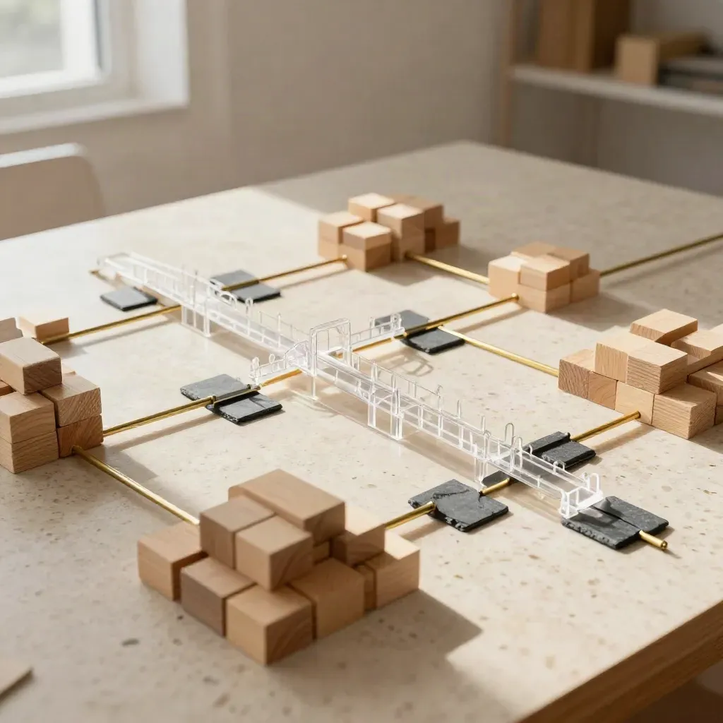 Brass-rodded funding strategy model on travertine in sunlit studio, warm and calm.