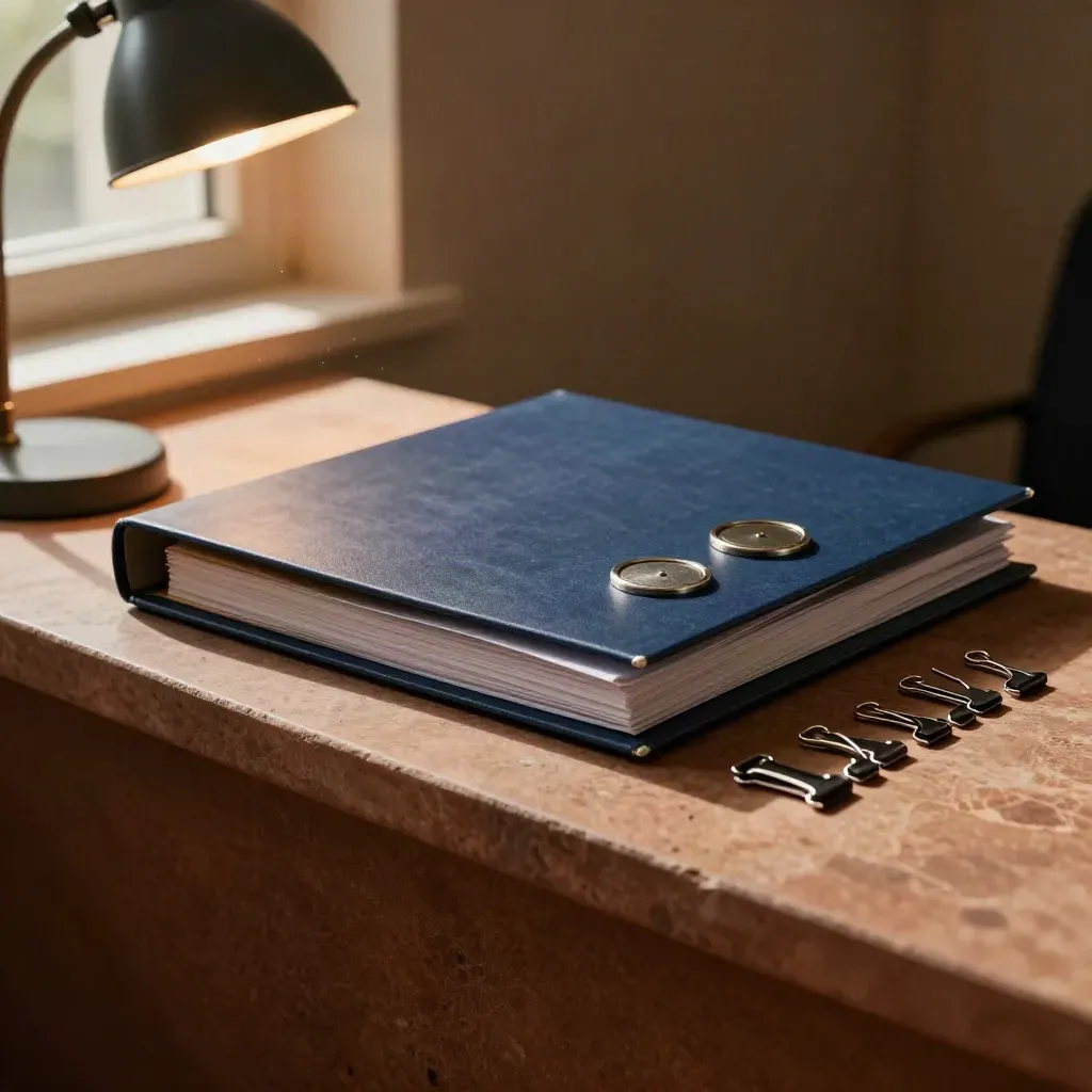 Midnight-blue audit folder, stamp pad, metal seals and archive clips on a stone ledge under warm lamp light